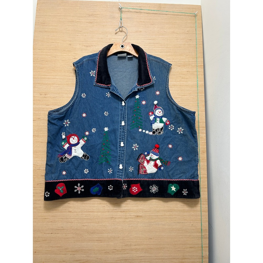 Carolina Plus Blues Vintage Denim Christmas‎ Snowman Vest Velvet Trim Size 22